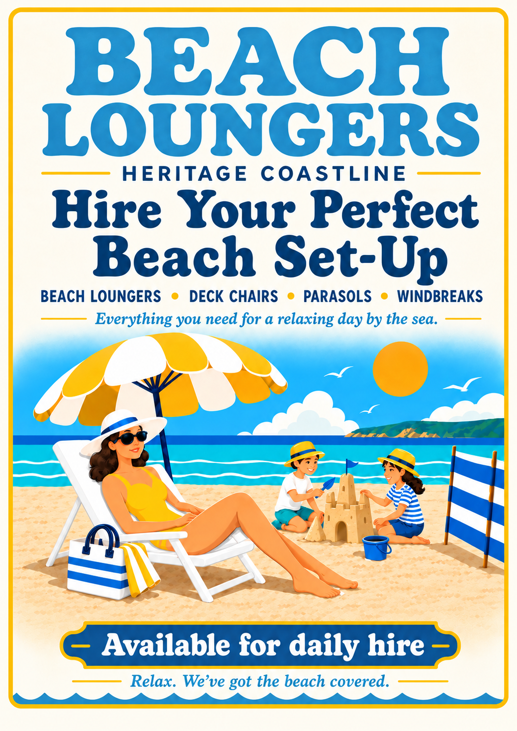 Beach Loungers illustrated portrait poster showing a seaside lounger, parasol and family