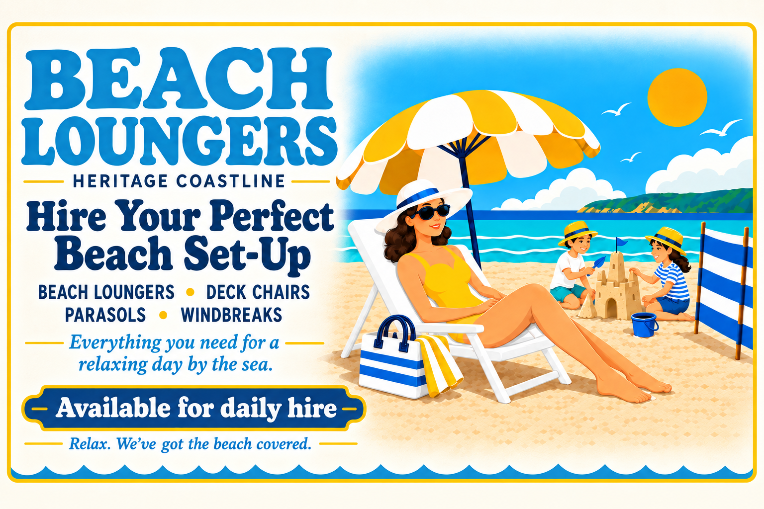 Beach Loungers illustrated seaside poster showing a lounger, parasol and family on the beach